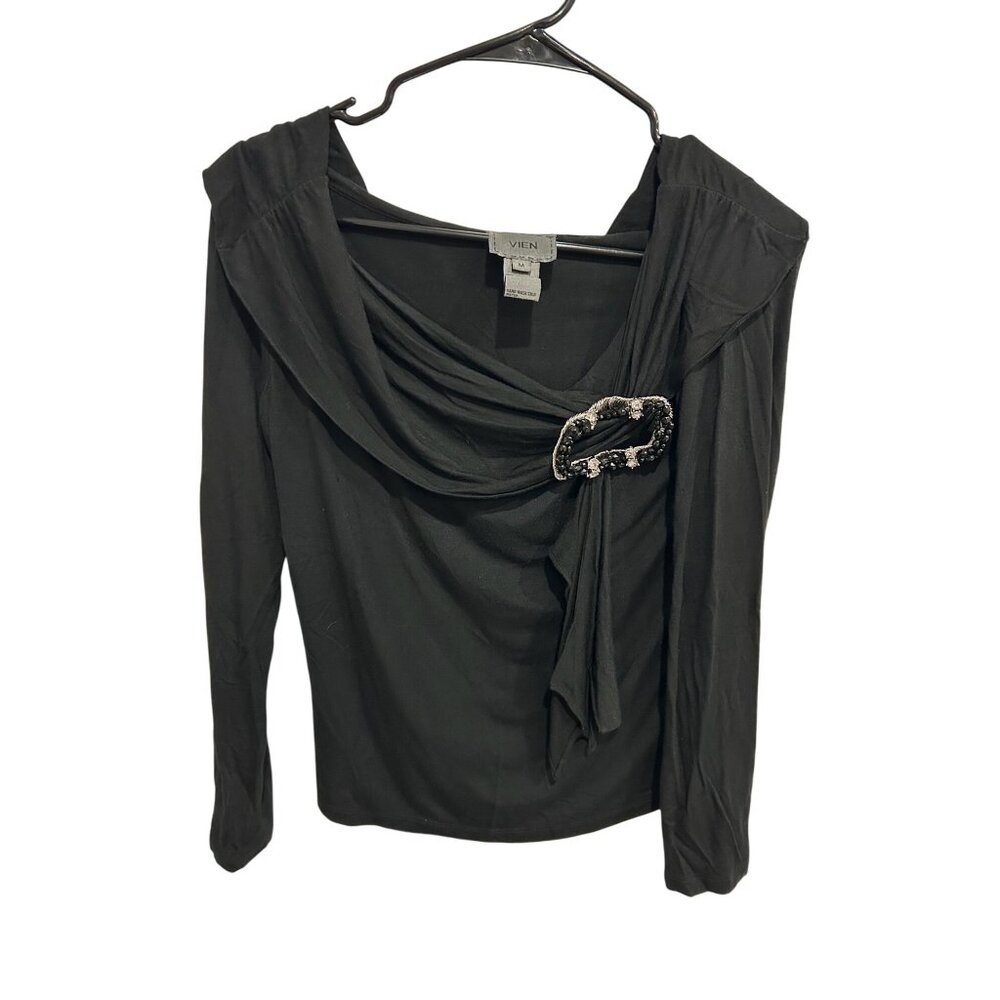 Vien Black Cowl Neck Long Sleeve Top Embellished Brooch SZ M Formal Holiday Glam